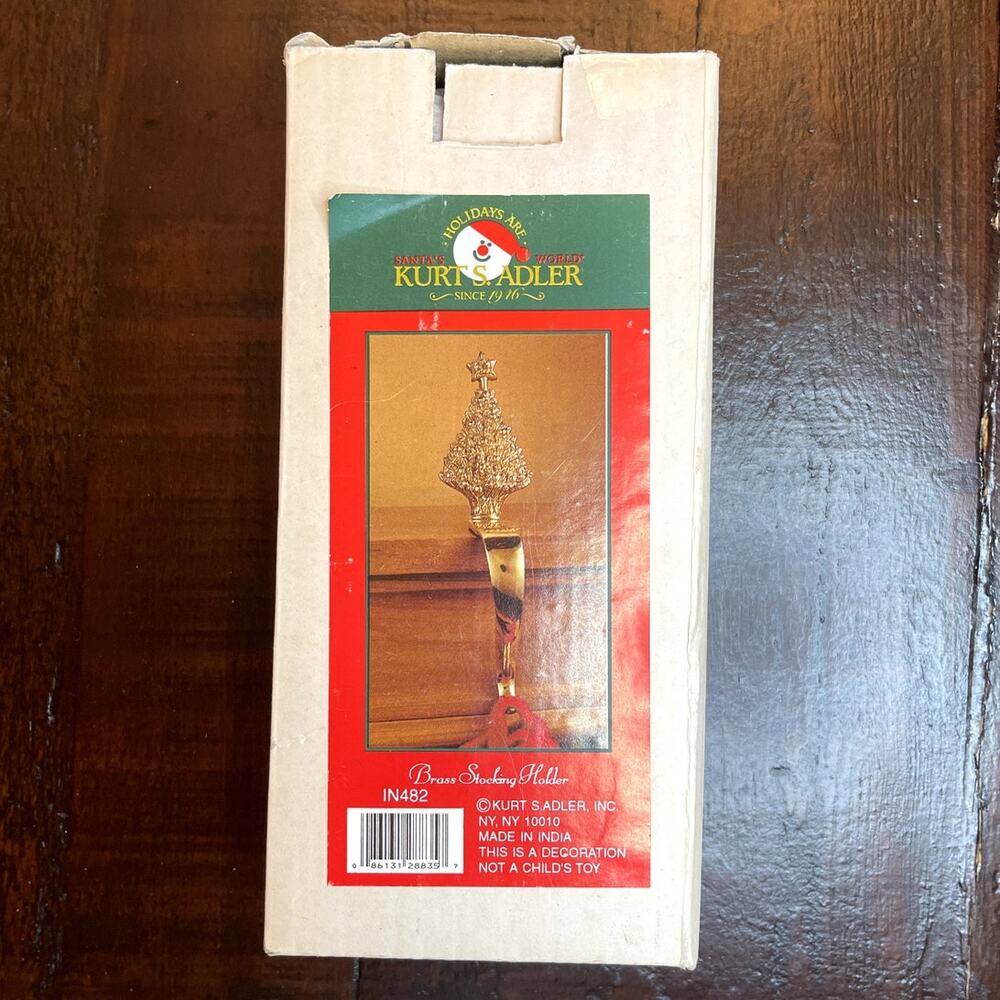 Kurt Adler Brass Christmas Tree Stocking Holder Mantel Hook Long Arm Gold w/ Box